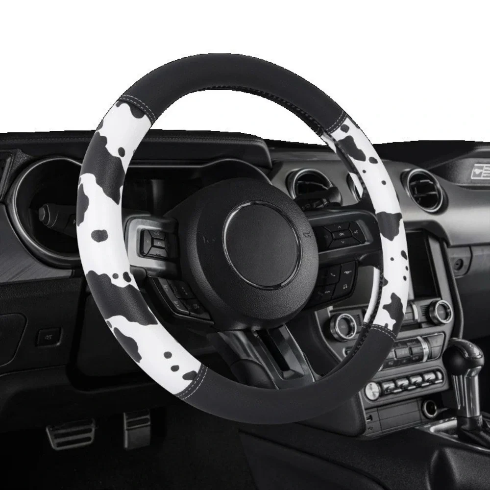 Auto Drive Black White Cow Print Faux Leather Steering‎ Wheel Cover, SUVs
